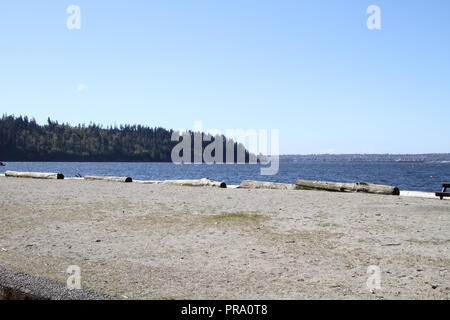 Ein Blick auf einen Sandstrand mit Treibholz, das Wasser mit den Stanley Park und über die Bucht im Hintergrund an der Grenze Stockfoto