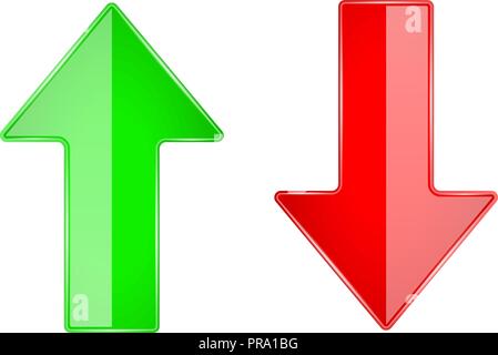 Pfeile NACH OBEN und NACH UNTEN. 3d-glänzend Glas Symbole. Rot und Grün Stock Vektor