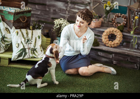 Schöne junge Frau spielen mit einem Hund Stockfoto
