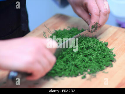 Bis zu schließen. Küchenchef Schneiden der Fenchel Grüns und Petersilie Stockfoto