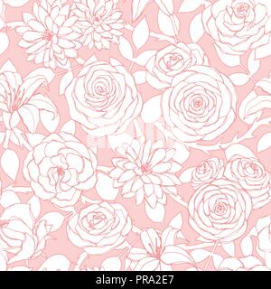Vektor Rapport mit Lily, Chrysantheme, Camellia, Pfingstrose und rosa Blüten auf der rosa Hintergrund. Nahtlose floralen Ornament von Blüten Stock Vektor
