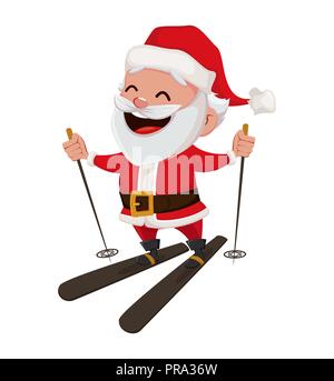 Frohe Weihnachten. Funny Santa Claus. Fröhliche Zeichentrickfigur Skifahren. Verwendbar für Grußkarten, Banner, Poster, Flyer, Label oder Tag. Vektor Lllustrat Stock Vektor