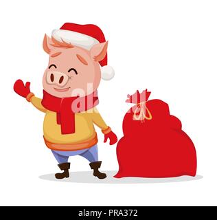 Frohe Weihnachten. Nettes Schwein tragen Weihnachtsmann Mütze und Schal. Heiter lustig cartoon Charakter in der Nähe von Bag mit präsentiert. Vector Illustration. Stock Vektor