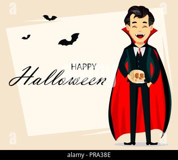 Happy Halloween Grußkarten, Einladung, Plakat oder Flyer. Vampire holding Schädel, zeichentrickfigur mit schwarzen und roten Cape. Vector Illustration Stock Vektor