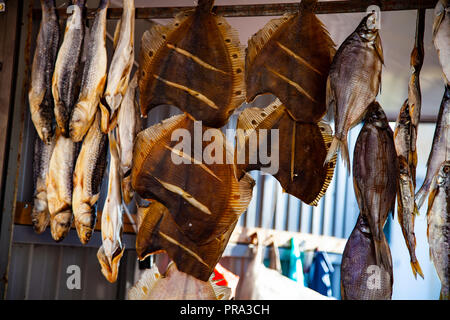 Getrocknete Fische auf dem Markt verkauft. Straße Handel im Süden. Stockfoto