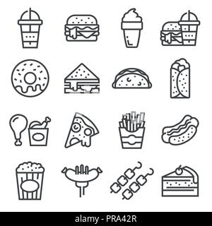 Vektor FastFood und Street Food Symbole gesetzt. Hamburger, Taco, chiken, shaurma, Hot Dog und mehr Stock Vektor