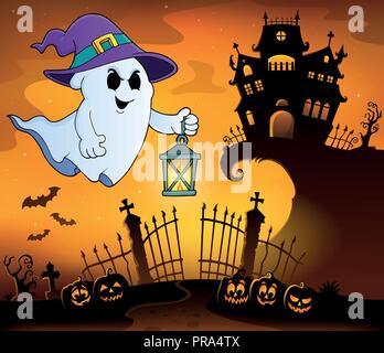 Ghost mit Hut und Laterne Thema 1 - Eps 10 Vector Illustration. Stock Vektor