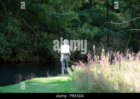 Flusstaube, Derbyshire, Dovedale, Stepping Stones, Fliegenfischen, Schafe. Dove River, Stone Crossing, Wating, Peak District, Natürliche Schönheit. Stockfoto