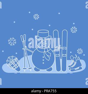 Winter im Freien genießen können. Schneemann mit Ski- und Hockey Ausrüstung. Vektor cartoon Skifahrer Symbol. Design für Werbung von aktiven Lebensstil. Stock Vektor