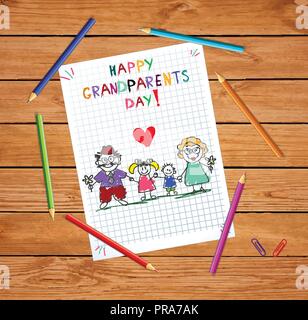 Großeltern-Tag Kinder bunte Hand gezeichnet Vector Illustration der Großvater, Großmutter, Enkel und Enkelin zusammen auf squared Notebook Stock Vektor