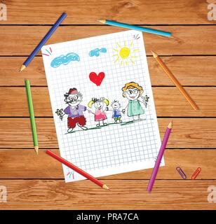 Kinder bunte Hand gezeichnet Vector Illustration der Großvater, Großmutter, Enkel und Enkelin zusammen auf Squared notebook Blatt auf Holz ta Stock Vektor