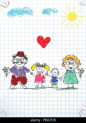 Kinder bunte Hand gezeichnet Vector Illustration von Mann, Frau und Kinder Hände zusammen halten an Squared notebook Blatt hintergrund. Glückliche Familie Stock Vektor