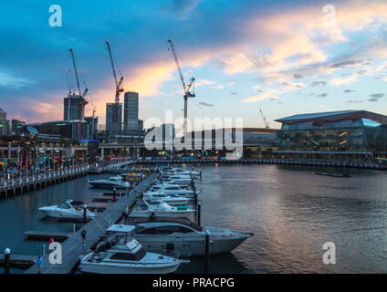 Darling Harbour in Sydney bei Sonnenuntergang Stockfoto