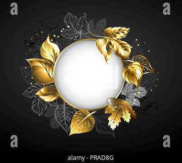 Runde Schmuck Banner mit golden glänzenden Blättern auf schwarzem Hintergrund. Stock Vektor