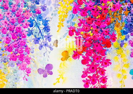 Abstrakte Aquarell ursprüngliche Landschaft Malerei Phantasie bunte Schönheit Orchidee Blumen mit butterfles und Emotion in blauen Hintergrund. Stockfoto
