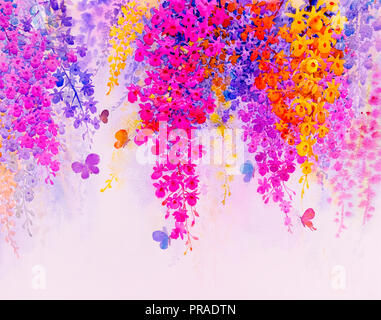 Abstrakte Aquarell ursprüngliche Landschaft Malerei Phantasie bunte Schönheit Orchidee Blumen mit butterfles und Emotion in blauen Hintergrund. Stockfoto