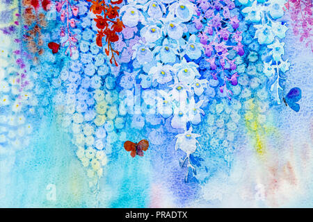 Abstrakte Aquarell ursprüngliche Landschaft Malerei Phantasie bunte Schönheit Orchidee Blumen mit butterfles und Emotion in blauen Hintergrund. Stockfoto