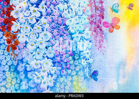 Abstrakte Aquarell ursprüngliche Landschaft Malerei Phantasie bunte Schönheit Orchidee Blumen mit butterfles und Emotion in blauen Hintergrund. Stockfoto