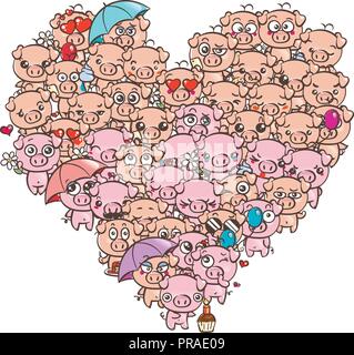 Liebe Hintergrund mit niedlichen Baby Ferkel. Pastellfarben cartoon Bild kawaii Schweine. Vektor freihändig zeichnen doodle Comic emoji Kunst Illustration für Bücher, Prin Stock Vektor