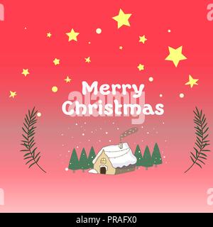 Weihnachten Karte Haus Stars und Schnee. Sweet Home. Roter Hintergrund mit Farbverlauf Lebkuchenhäuser, Süßigkeiten, Stock Vektor