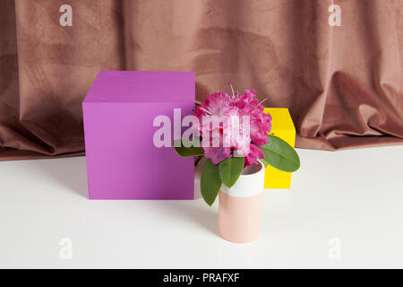 Bicolor Vase mit Blumen rosa Rhododendron innen und Würfel gefärbt. Minimale noch leben Farbe Fotografie Stockfoto