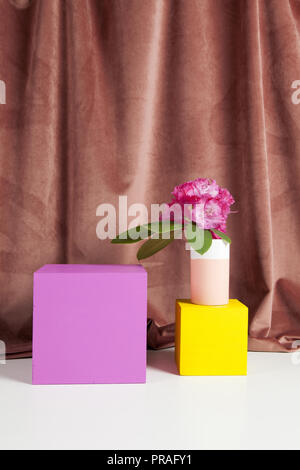 Bicolor Vase mit Blumen rosa Rhododendron innen und Würfel gefärbt. Minimale noch leben Farbe Fotografie Stockfoto