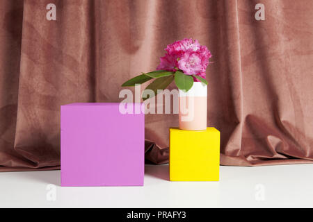 Bicolor Vase mit Blumen rosa Rhododendron innen und Würfel gefärbt. Minimale noch leben Farbe Fotografie Stockfoto