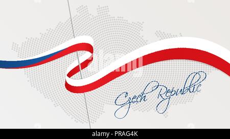 Vector Illustration der abstrakten radial gepunktete Rasterung Karte der Tschechischen Republik und gewellten Band mit Tschechischen nationalflagge Farben für Ihr Design Stock Vektor