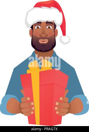 Geschäftsmann in Santa Claus hat. Afrikanischer Mann mit roten vorhanden. Hände halten Geschenkbox mit Schleife Stock Vektor