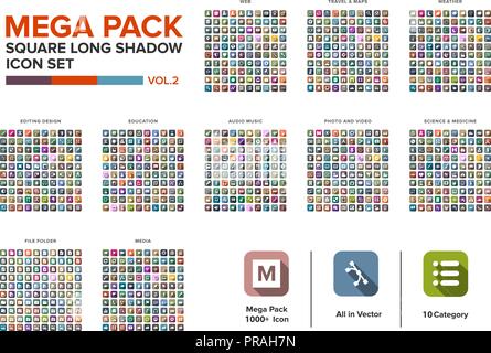 Mega Pack square Icon Set Bündel langer Schatten Bd. 2. Icon Set Sammlung Stock Vektor