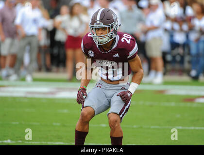 Starkville, MS, USA. 29 Sep, 2018. MSU CB, TAURY DIXON (20), backpedals für Position, während der NCAA Football Aktion bei Davis Wade Stadium in Starkville, MS. Florida besiegte Mississippi State, 13-6. Kevin Langley/CSM/Alamy leben Nachrichten Stockfoto