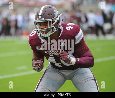 Starkville, MS, USA. 29 Sep, 2018. MSU LB, ERROLL THOMPSON (40), down und bereit zu handeln, während der NCAA Football Aktion bei Davis Wade Stadium in Starkville, MS. Florida besiegte Mississippi State, 13-6. Kevin Langley/CSM/Alamy leben Nachrichten Stockfoto