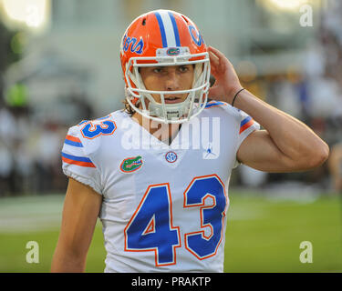 Starkville, MS, USA. 29 Sep, 2018. Florida Gators Punter, TOMMY TOWNSEND (43), NCAA Football Aktion bei Davis Wade Stadium in Starkville, MS. Florida besiegte Mississippi State, 13-6. Kevin Langley/CSM/Alamy leben Nachrichten Stockfoto