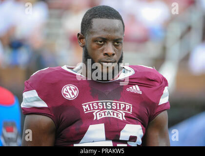 Starkville, MS, USA. 29 Sep, 2018. MSU DE, FLETCHER ADAMS (43), an der Seitenlinie während der NCAA Football Aktion bei Davis Wade Stadium in Starkville, MS. Florida besiegte Mississippi State, 13-6. Kevin Langley/CSM/Alamy leben Nachrichten Stockfoto