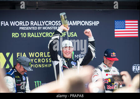 September 30, 2018: Peter Solberg #11, Johan Kristoffersson #01 (Mitte) und Andreas Bakkerud #13 feiern auf der Welt Rallycross Meisterschaft, Stromkreis des Nord- und Südamerika. Austin, Texas. Mario Cantu/CSM Stockfoto
