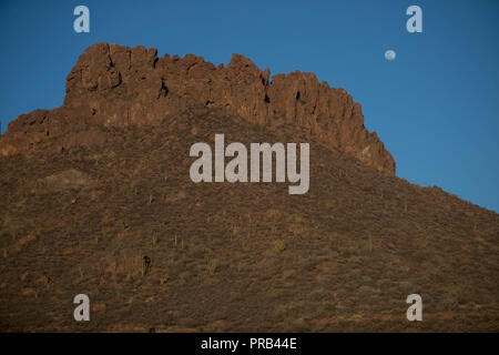 Vollmond, Sonnenaufgang Blick über die orange farbigen Felsen und spärliche Wüstenvegetation in San Carlos, Sonora, Mexiko. Luna Llena, Vista al Amanecer Stockfoto