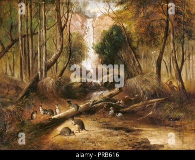 John Skinner Prout, Bush Landschaft mit Wasserfall und ein Aborigine Stalking einheimische Tiere, New South Wales. Circa 1846, Öl auf Leinwand, Kunstgalerie von Stockfoto