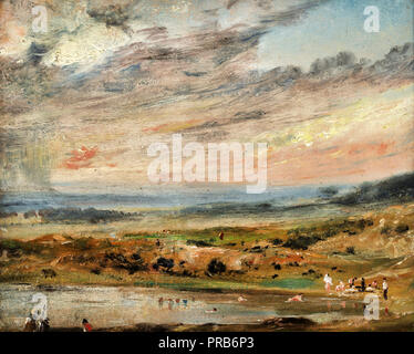 John Constable, Hampstead Heath, mit Teich und Badegäste 1821 Öl auf Pappe, Kenwood House, England. Stockfoto