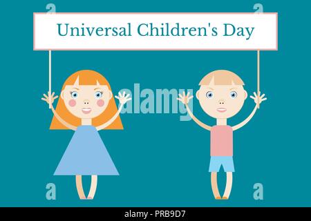 Universal Tag der Kinder. Konzept einer sozialen Urlaub. Mädchen und Jungen halten ein Banner mit dem Namen der Veranstaltung. Cartoon Stil Stock Vektor