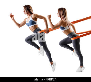 Junge sportliche Frau mit einem Widerstand Band. Stockfoto