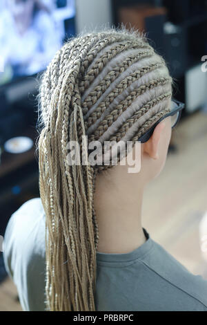 Viel dünne afrikanische Zöpfe mit künstlichem Material, blonde Close-up auf hellem Hintergrund, Beauty Studio Stockfoto
