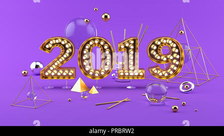 2019 Frohes Neues Jahr 3D-Komposition mit 2019 Golden hellen Ziffern. Stockfoto