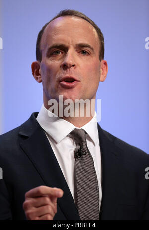 Brexit Sekretär Dominic Raab sprechen während die Konservative Partei jährliche Konferenz an der International Convention Centre, Birmingham. Stockfoto