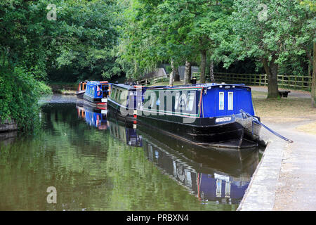 Schmale Boote auf Wharf in Llangollen Canal, Trevor Becken, Llangollen günstig Stockfoto