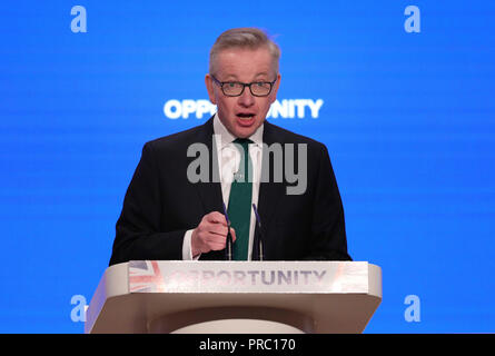 Umweltminister Michael Gove, in seiner Rede auf der jährlichen Konferenz der Konservativen Partei in der International Convention Centre, Birmingham. Stockfoto