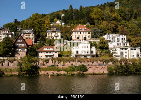 Villen in Heidelberg Neuenheim Viertel, mit Blick auf den Neckar und mit Blick auf das Schloss Stockfoto