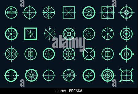 Spiel Target Symbole. Sniper targeting mark Zeiger vektor Kreuze, range Shooting Gun umfang Fadenkreuz Stock Vektor