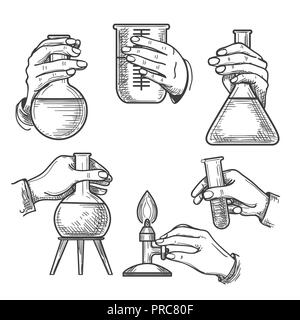 Retro chemische Experimente. Jahrgang Wissenschaft Labor Becher und Brenner, alte Skizze Hände der Chemiker in handdrawn Stil, Vektor, Abbildung Stock Vektor