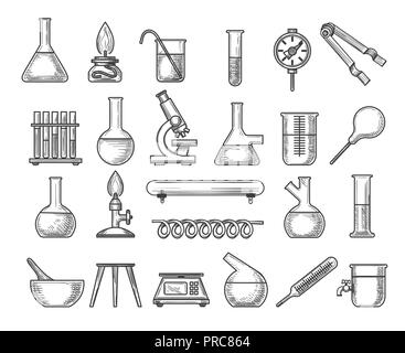 Vintage Chemielabor. Vektor Tinte Gravur retro Physik Labor Leitung und Skala, Glaskolben und Becher auf Weiß isoliert Stock Vektor