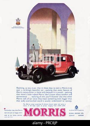 1930er Jahre alten Vintage original advert Werbung neue Morris Auto von Morris Motoren der Cowley Oxford England UK durch königliche Ernennung in Seiner Königlichen Hoheit, des Prinzen von Wales in Englisch Magazin ca. 1932 Stockfoto